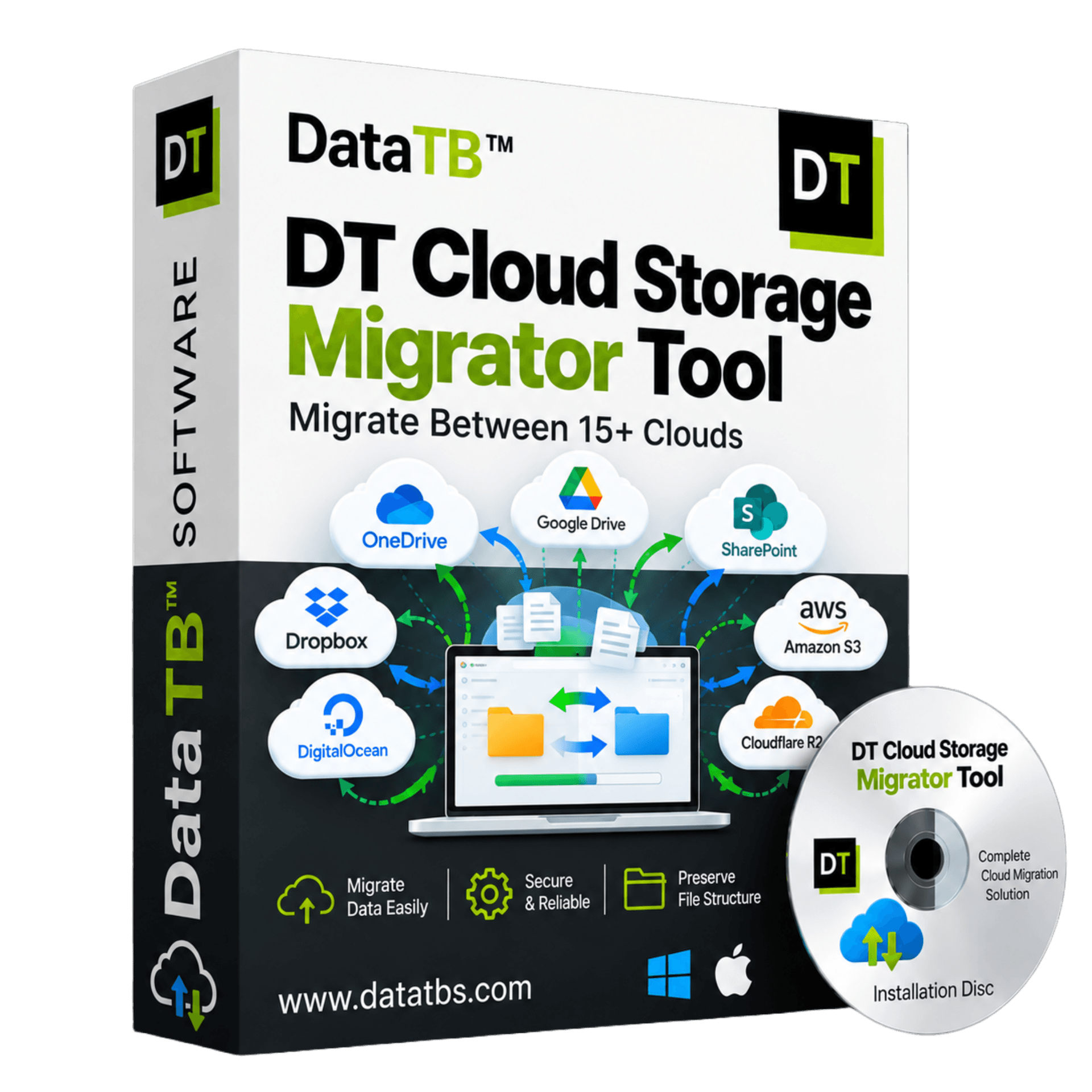 DT Cloud Storage Migrator Tool interface showing cloud accounts and migration process on Windows