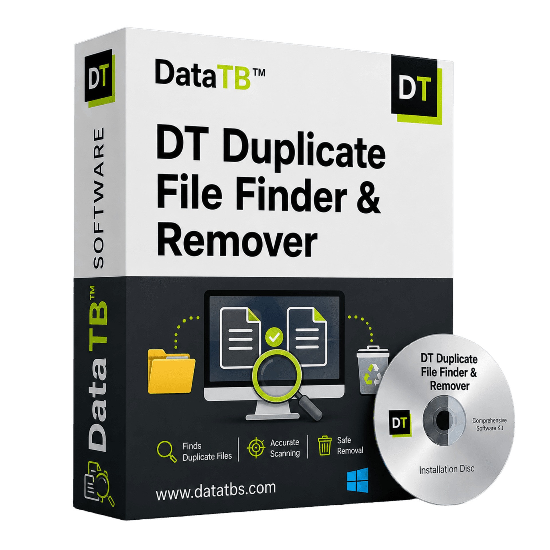 DT Duplicate Finder and Remover dashboard showing total disk storage, largest folders and file type breakdown for a Windows PC