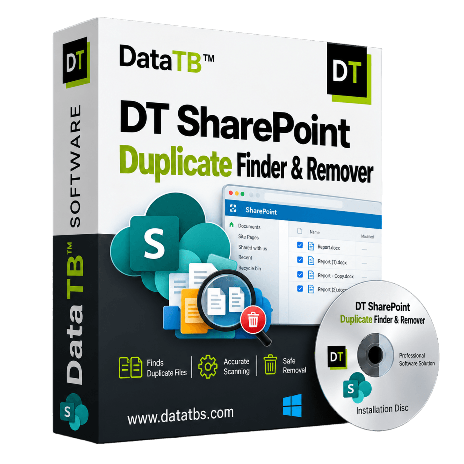 DT SharePoint Duplicate Finder & Remover dashboard showing a connected SharePoint account and duplicate files