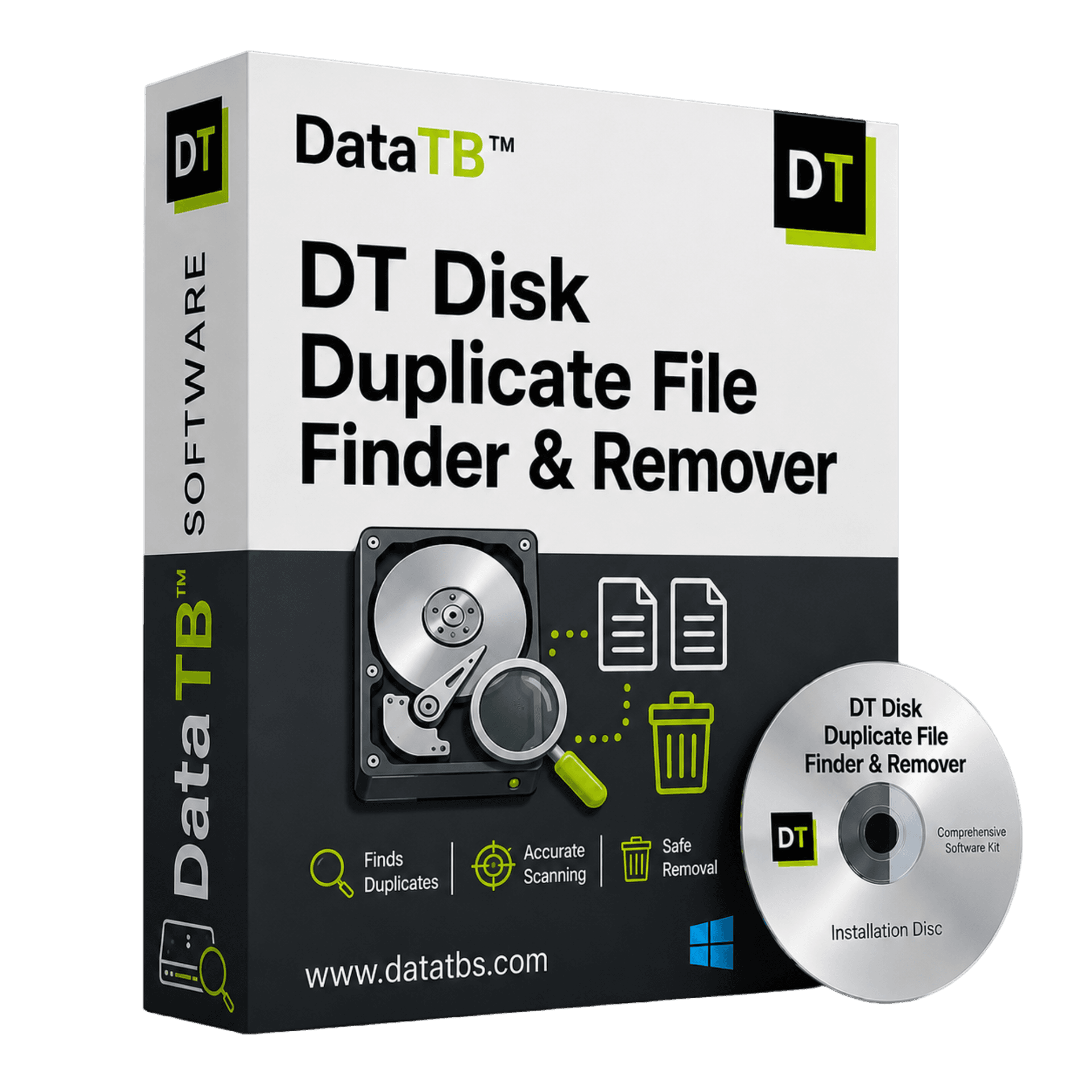 DT Disk Duplicate Finder dashboard showing total disk storage, largest folders and file type breakdown for a Windows PC