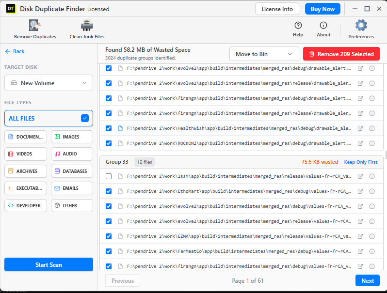 Scan results showing wasted space and duplicate groups