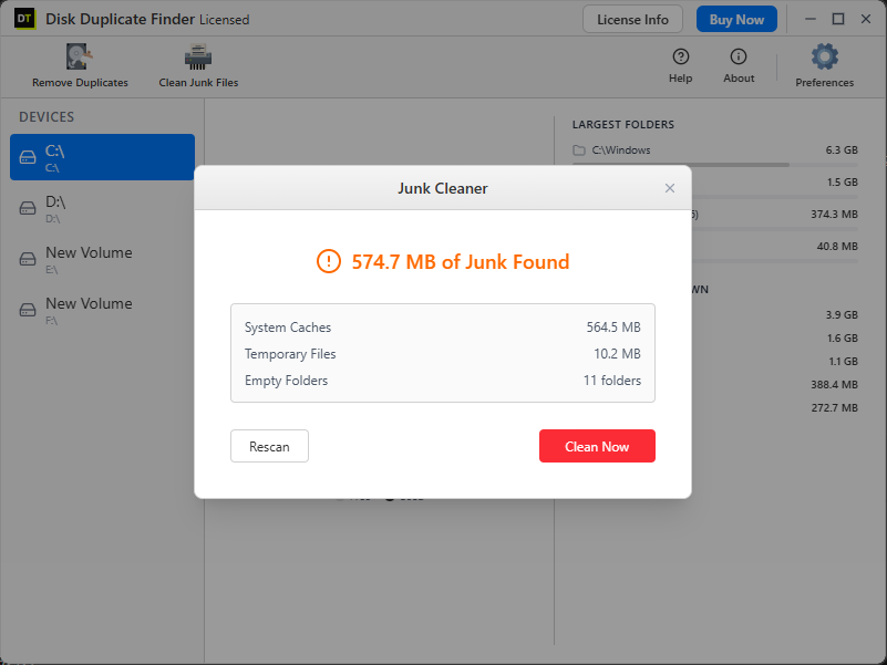 Junk Cleaner popup showing found caches and temporary files