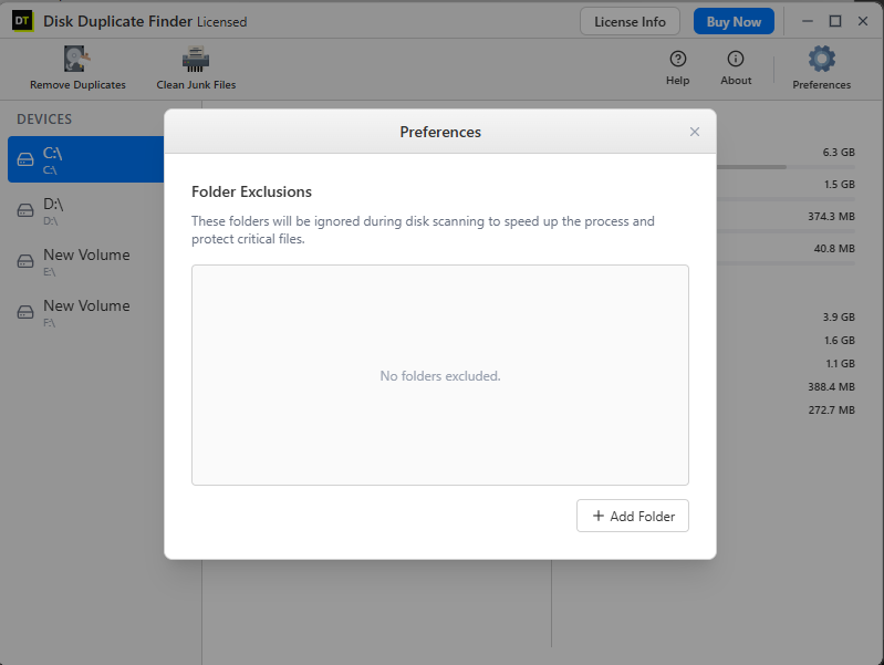 Preferences Folder Exclusions window with + Add Folder button