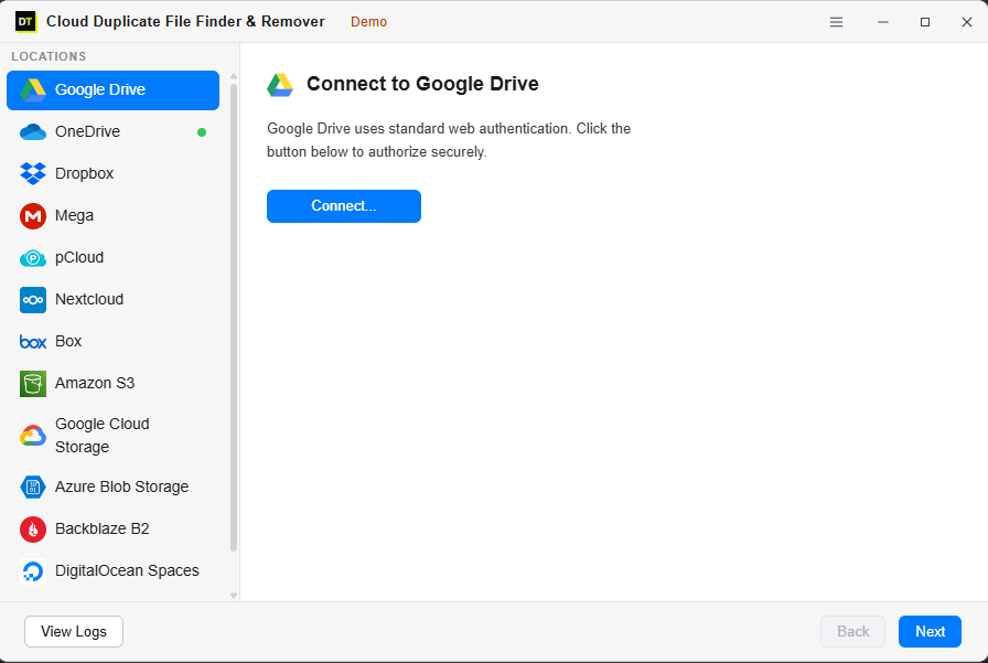 Google Drive account connect screen